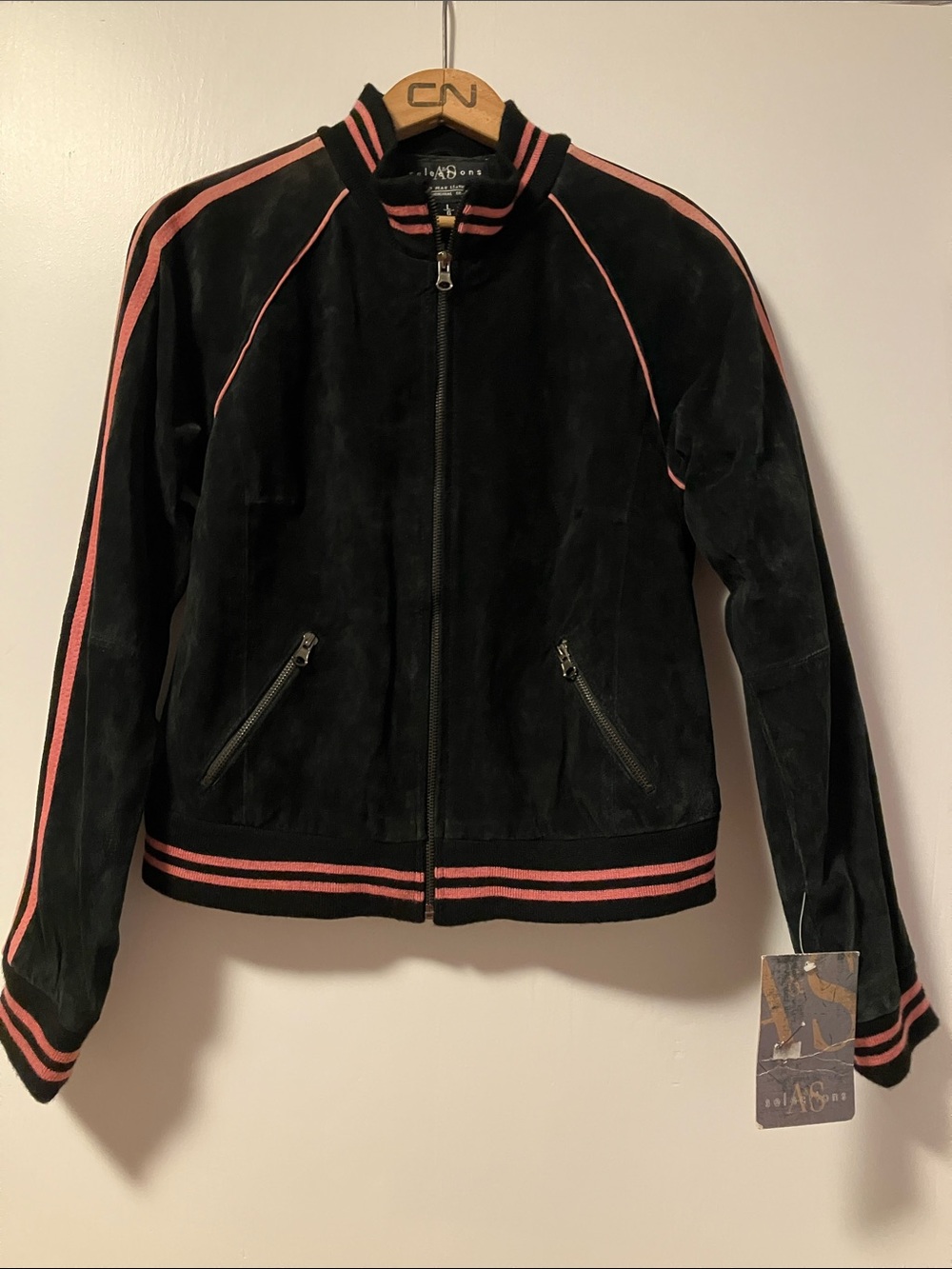Black Genuine Suede Bomber Jacket with Pink Trim - New